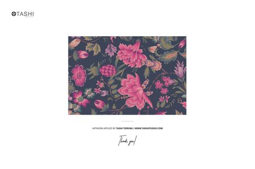 Rectangular fabric mockup featuring a vibrant floral pattern in pink and green tones on a dark background, front view.