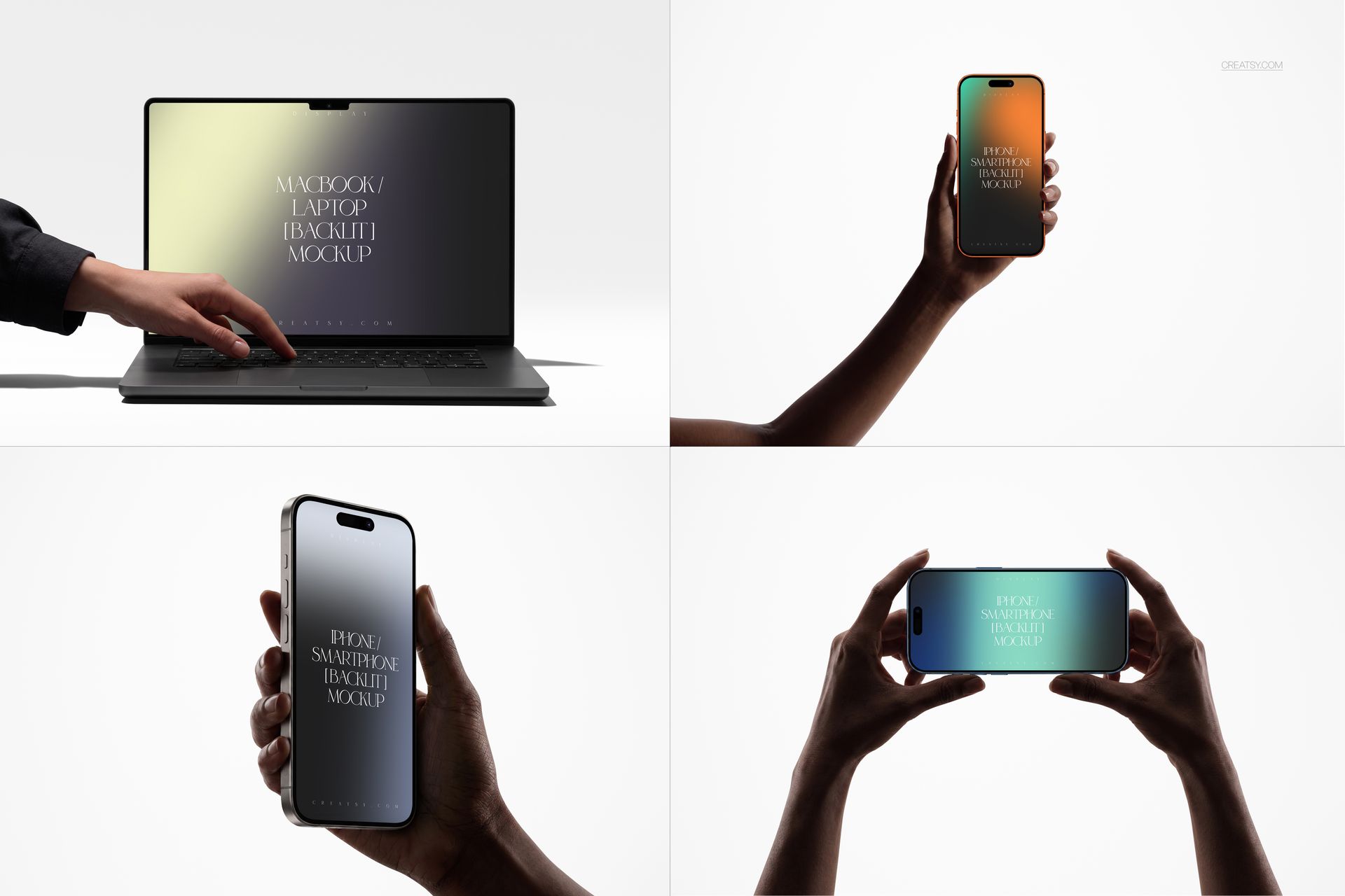 PSD mockup set showing a laptop, iPad Pro, and iPhone held by hands, with glowing screens and minimal backgrounds.