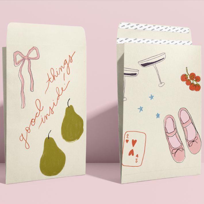 Kraft mailer mockup featuring two illustrated envelopes with playful drawings of pears, shoes, and handwritten text on a pink background.