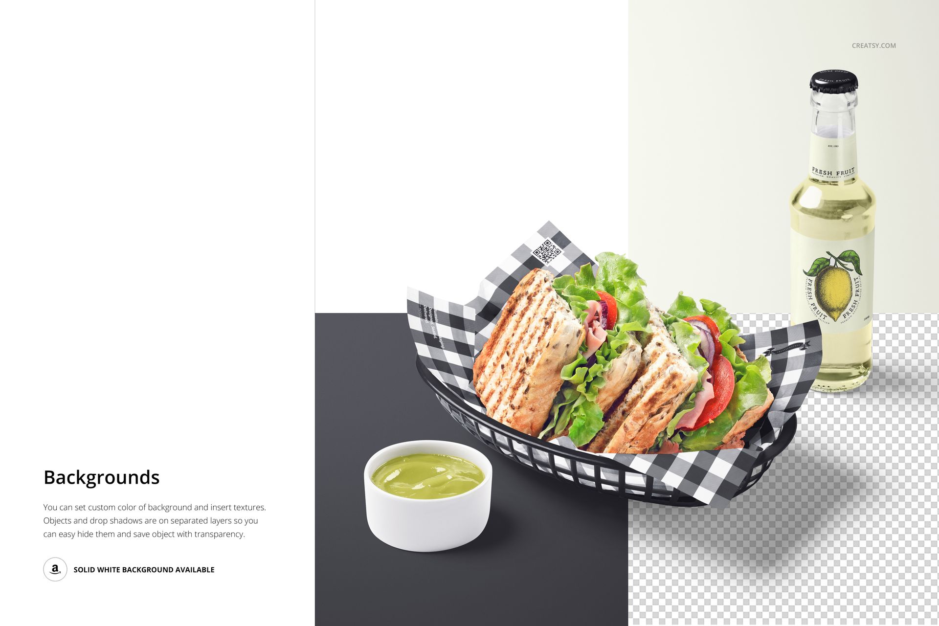 Noissue food safe paper mockup featuring a sandwich in a black basket, green dipping sauce, and bottled beverage on a split background.