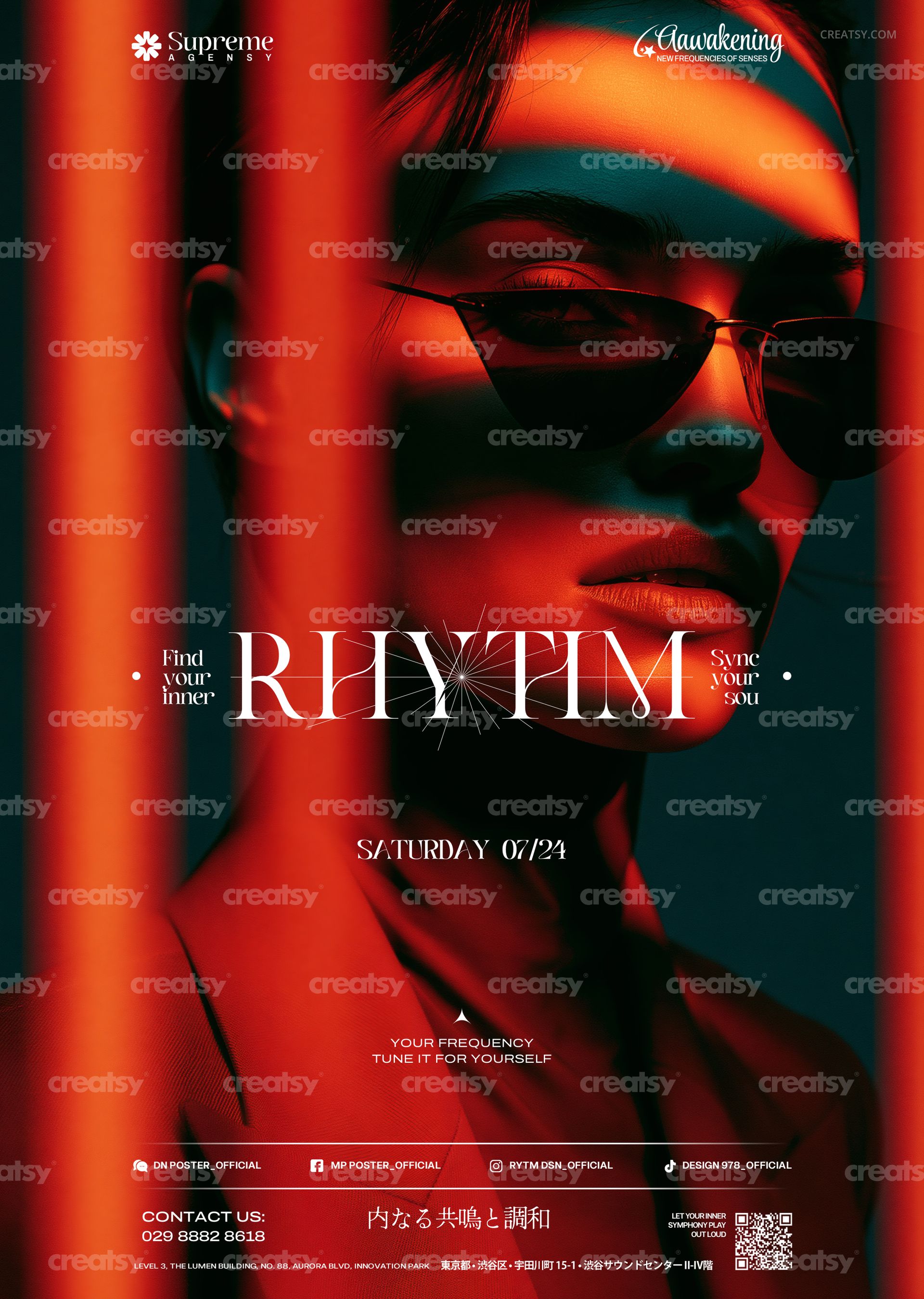 Front view of a neon-themed poster mockup featuring a person wearing sunglasses, vibrant red and teal lighting effects.