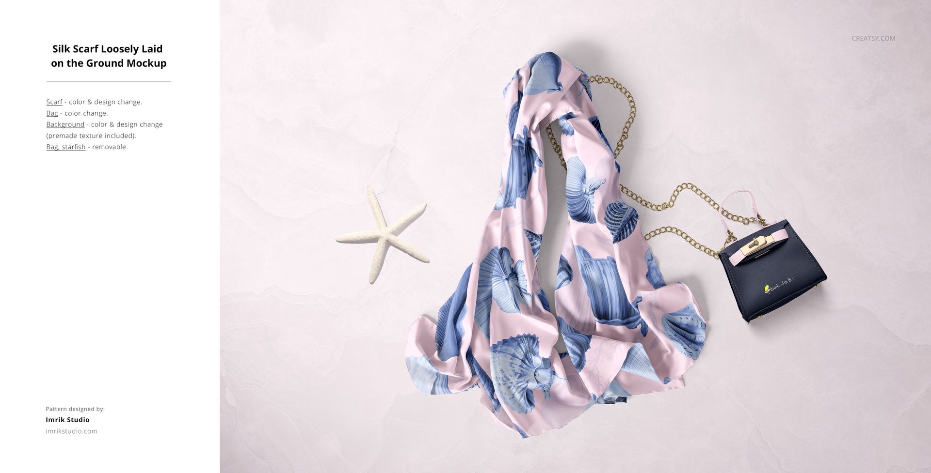 Top view of a mockup featuring a silk scarf with a pastel seashell design, next to a starfish and purse.