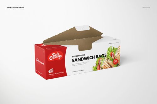 Front-facing sandwich bags packaging box mockup with red and white colors, open lid, and salad sandwich photo.