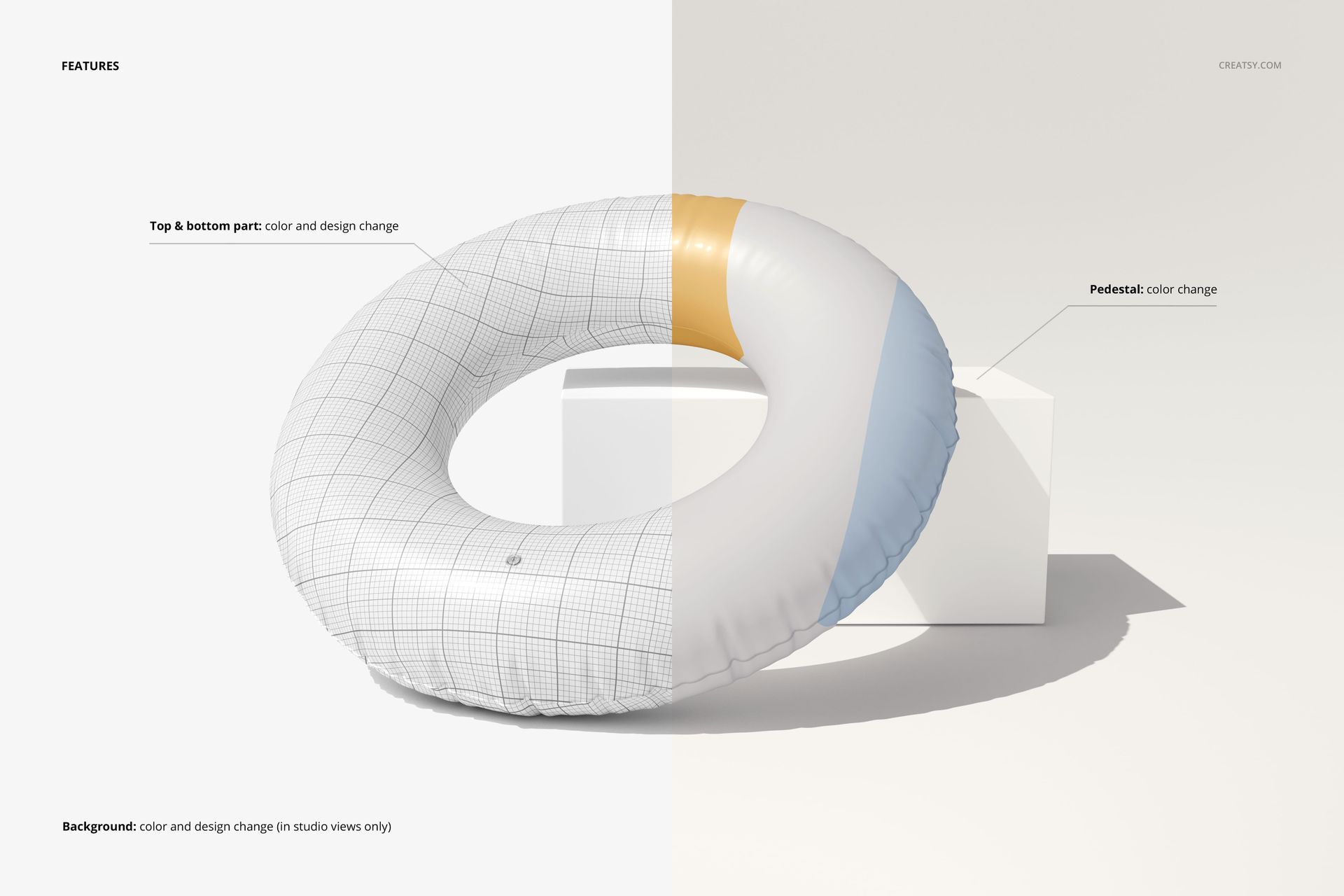 Front view of a swim ring mockup with half grid pattern and half realistic design, placed on a light background.