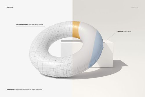 Front view of a swim ring mockup with half grid pattern and half realistic design, placed on a light background.