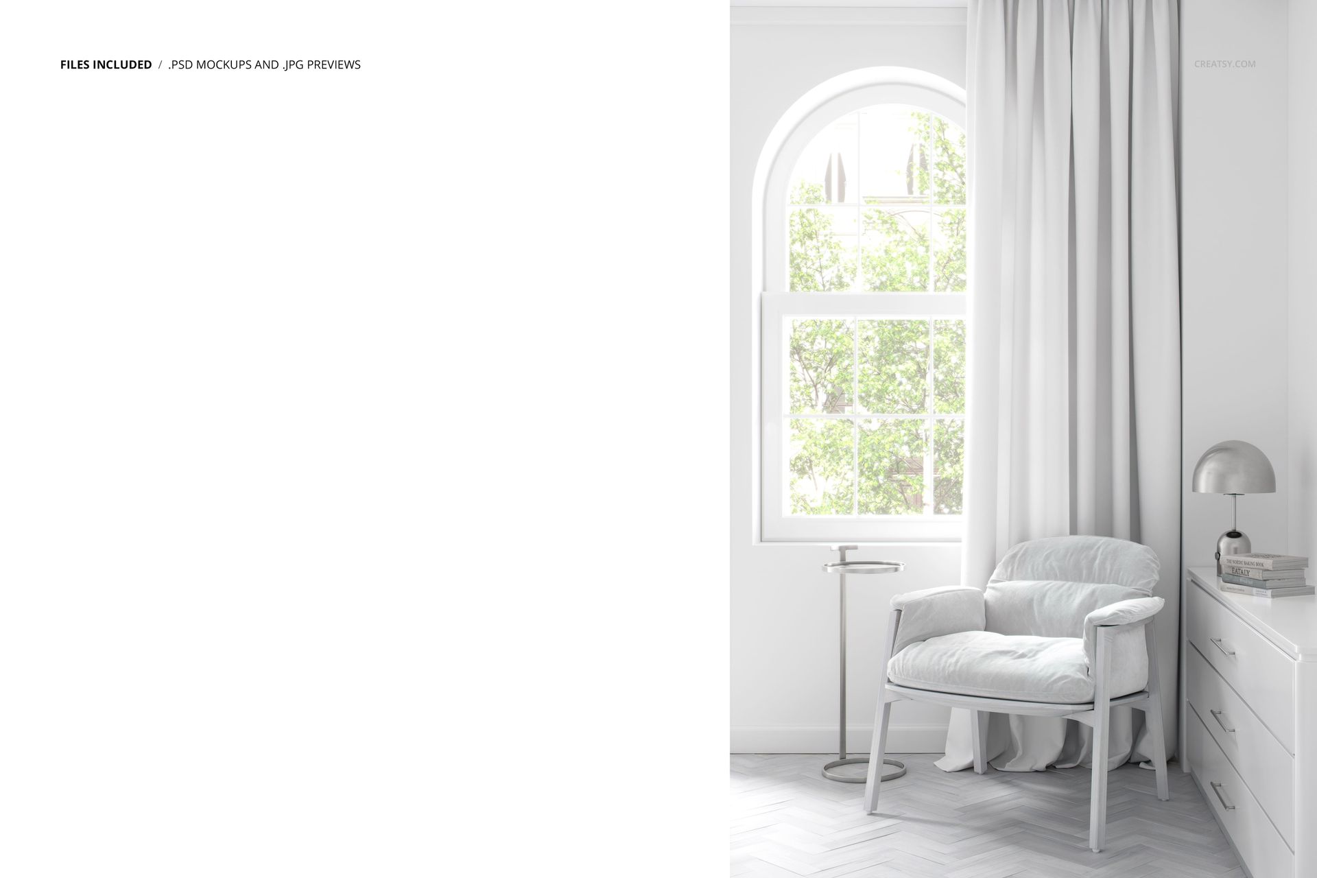 PSD mockup scene featuring a plush lounge chair in a minimalist corner with soft white curtains and natural light.