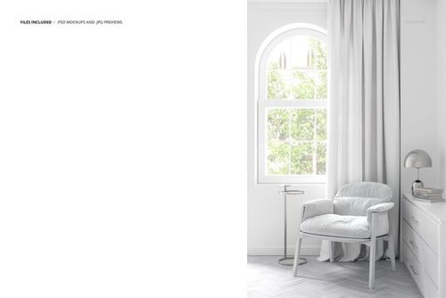 PSD mockup scene featuring a plush lounge chair in a minimalist corner with soft white curtains and natural light.
