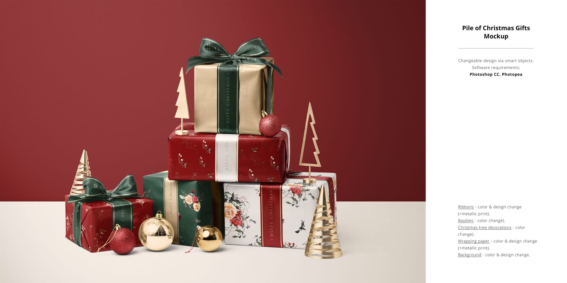 Christmas decor PSD mockup featuring assorted gift boxes, baubles, and metallic tree ornaments arranged in a festive scene.