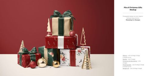 Christmas decor PSD mockup featuring assorted gift boxes, baubles, and metallic tree ornaments arranged in a festive scene.