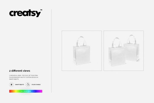 Canvas bag mockup set showing two white tote bags with handles, displayed from different angles on a plain background.