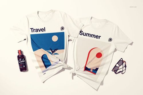 Mockup set showing two tied white t-shirts with colorful geometric prints, displayed alongside a pair of glasses and cola bottle.
