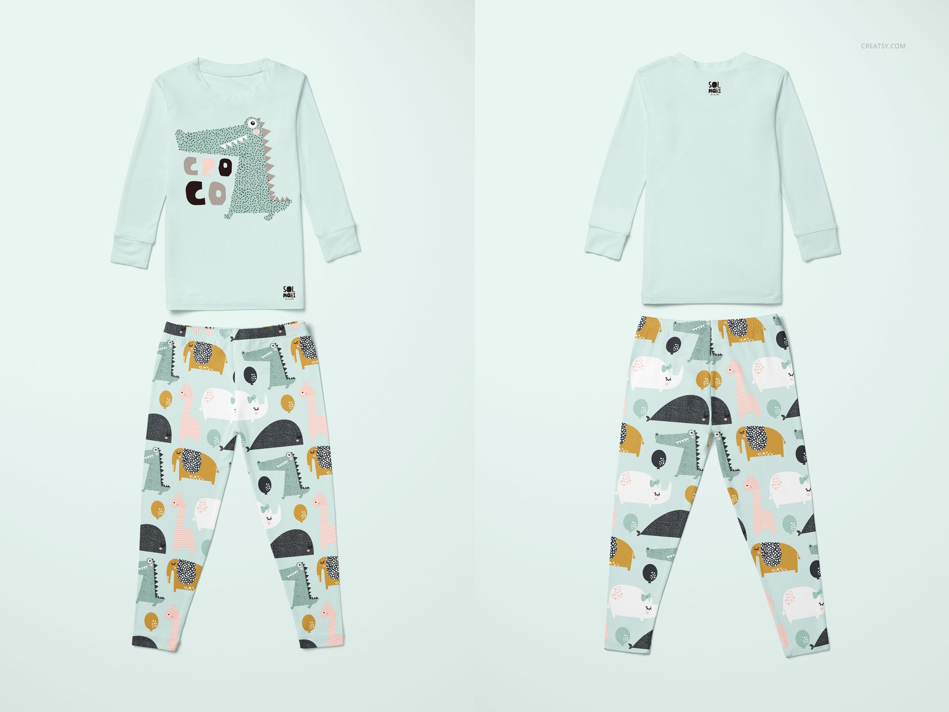 Kids long sleeve pajama set mockup with light blue top and colorful animal print pants, front and back view.