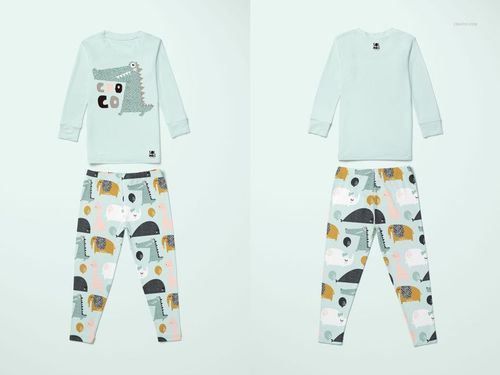 Kids long sleeve pajama set mockup with light blue top and colorful animal print pants, front and back view.