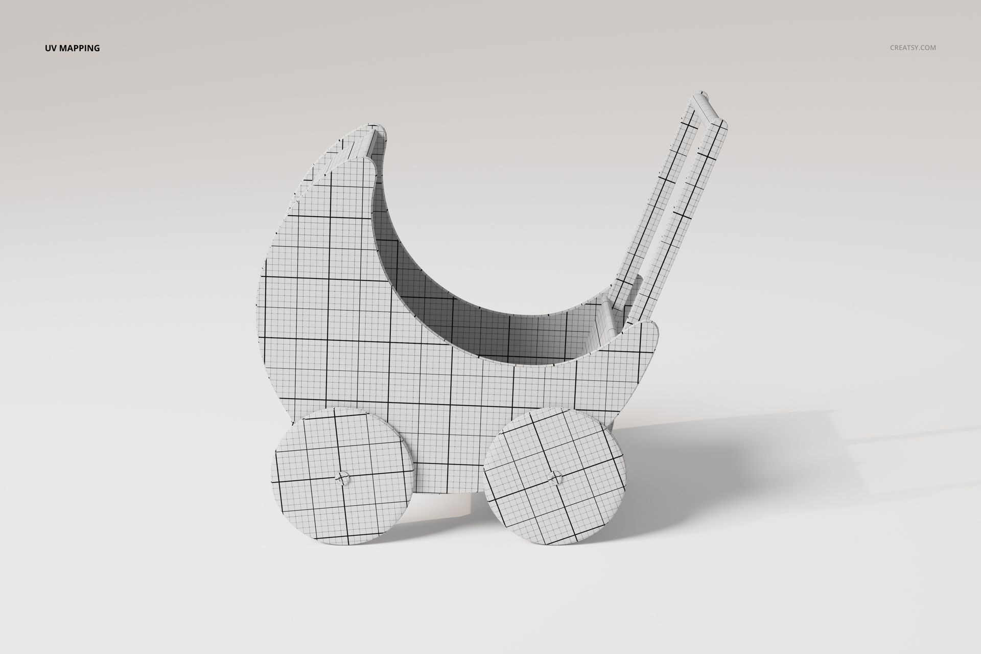 3D model of a baby doll stroller with a geometric wireframe pattern, shown from a front angle on a light background.