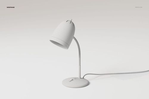 Modern bedside lamp with a curved neck and dome-shaped shade, shown in a white wireframe style on a plain background.