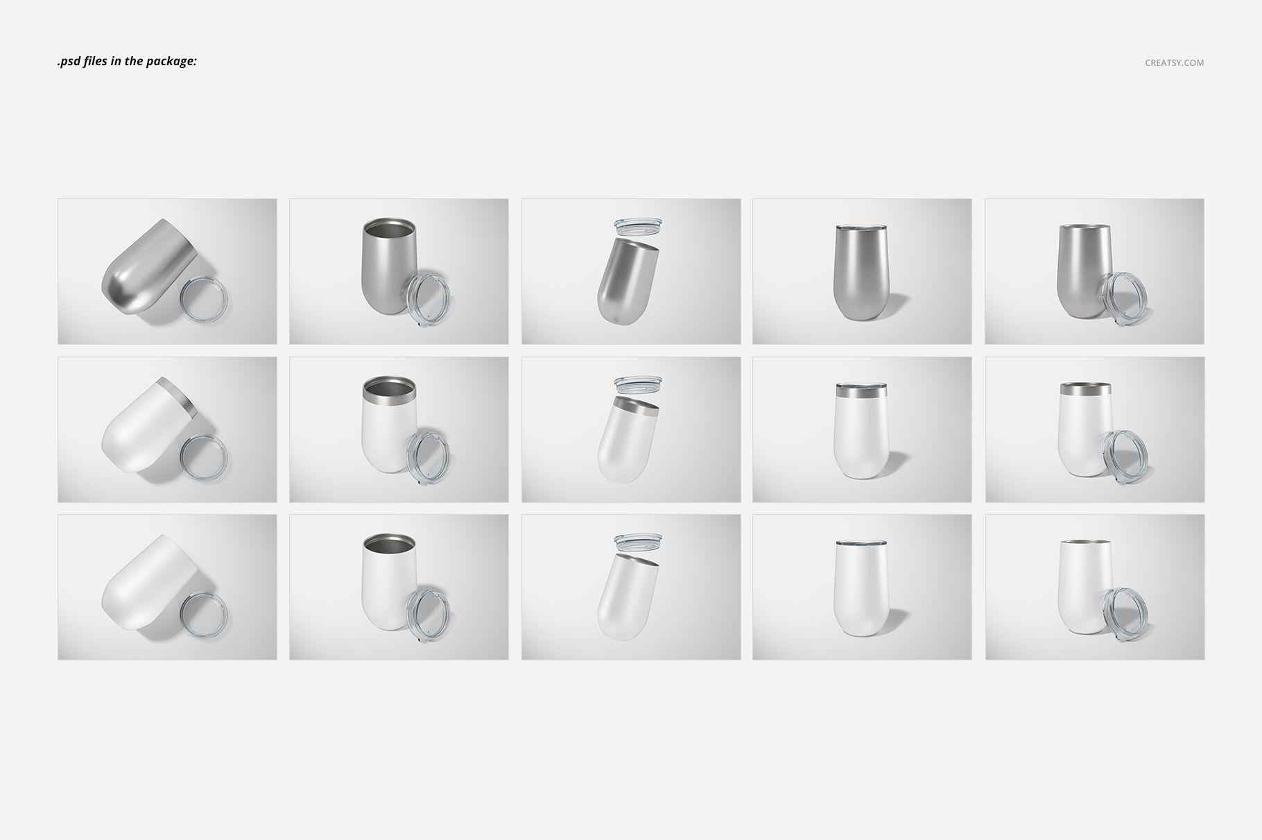 Set of stemless wine cups with lids shown from various angles on a light background, displaying metallic and white finishes.