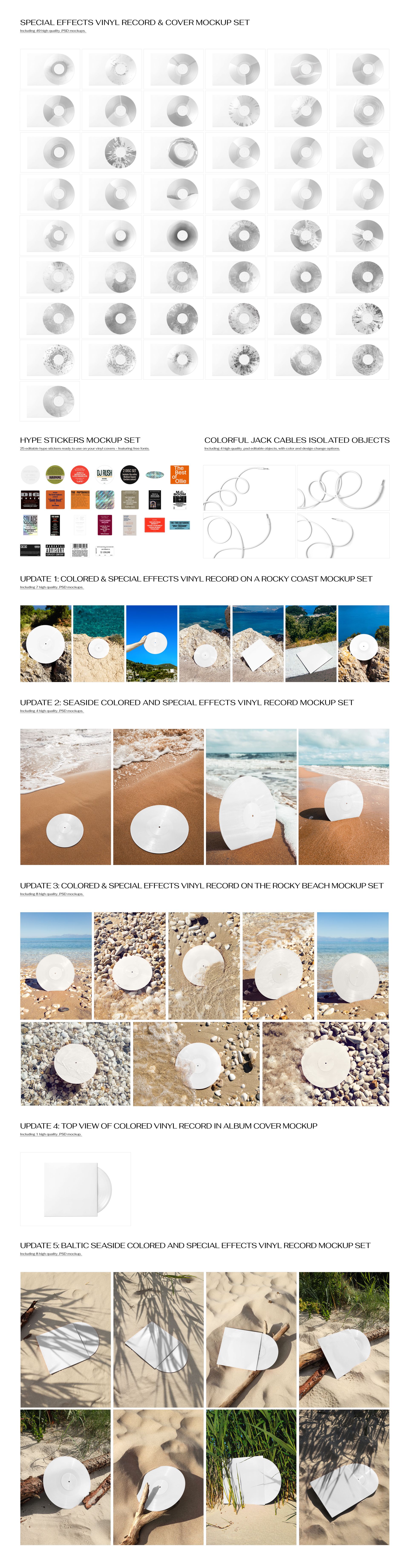 Vinyl record mockup bundle featuring various record shapes, colors, and settings including beach and urban scenes.