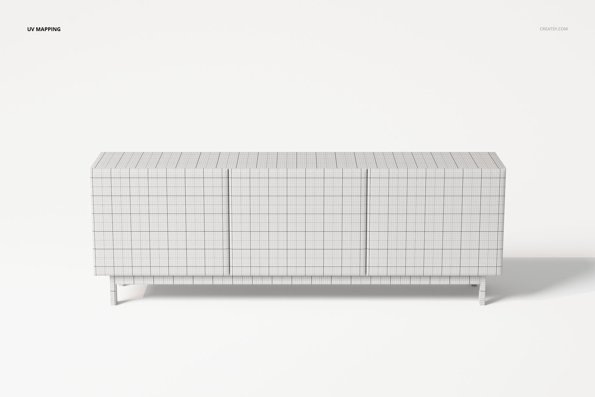 Front view of a modern upholstered sideboard 3D model with a grid pattern on a white background.
