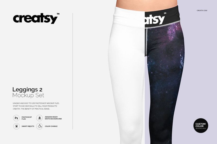 Adult leggings mockup featuring a split design with one leg in solid white and the other in a dark galaxy pattern, front view.