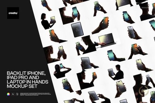 PSD mockup set showing people holding electronic devices, including smartphones and tablets, against a light backdrop.