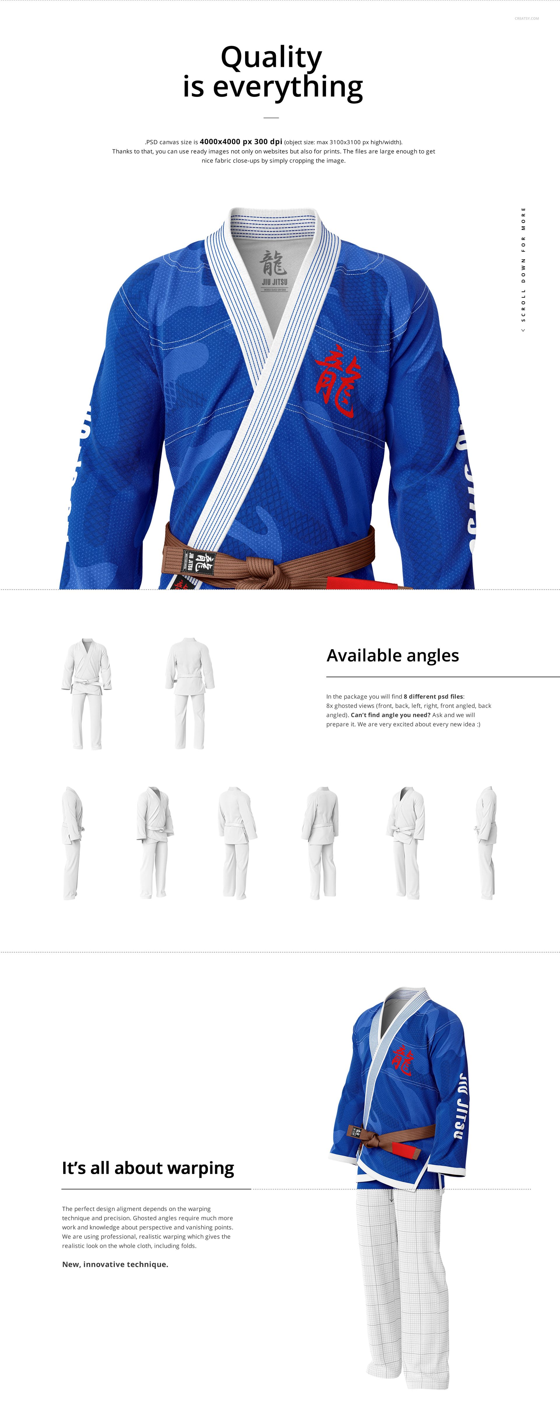 Front view of a Brazilian Jiu Jitsu uniform mockup with a blue patterned jacket, white lapels, and brown belt.