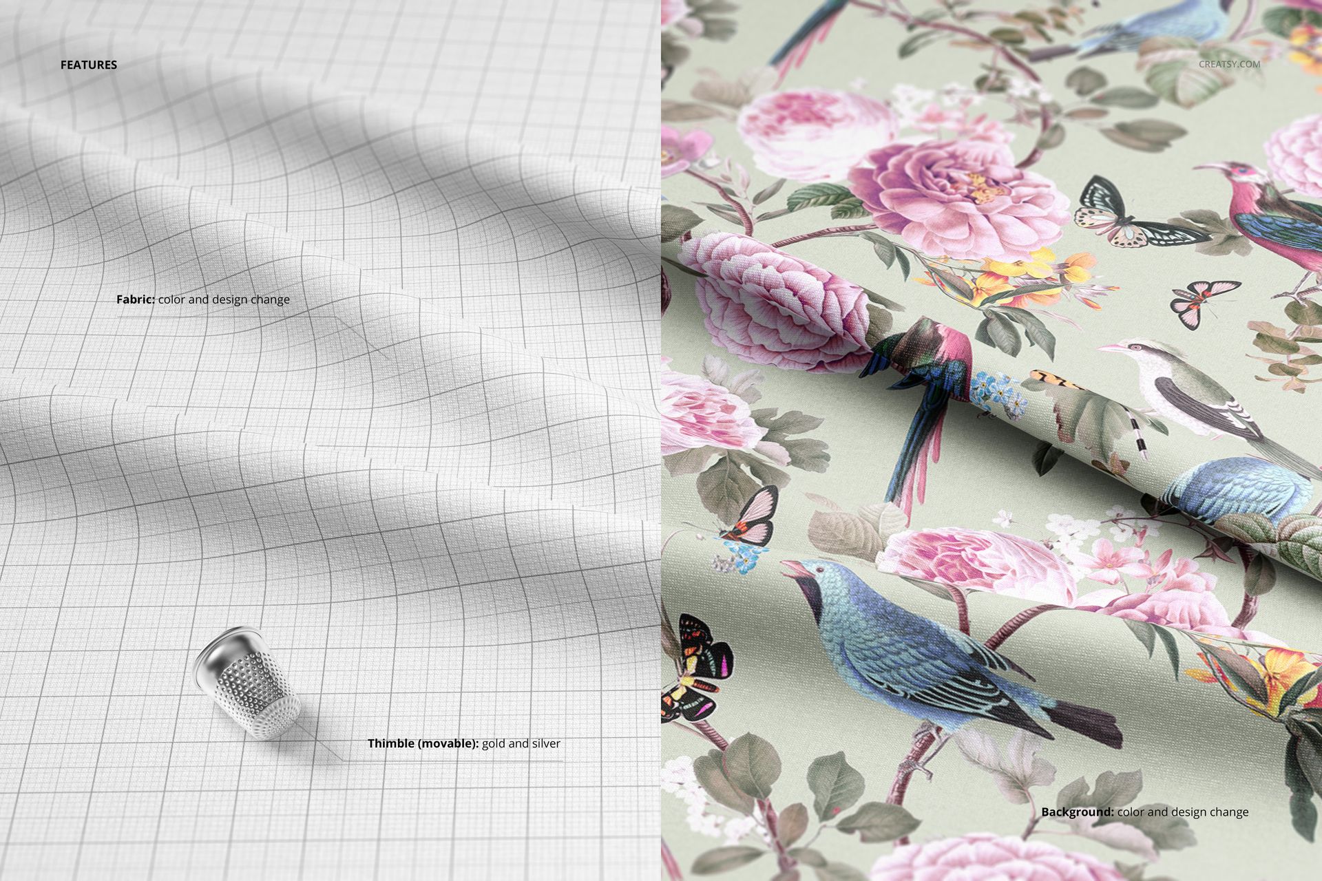 Lying fabric mockup featuring two textile samples side by side, one with a grid pattern and one with floral and bird designs.