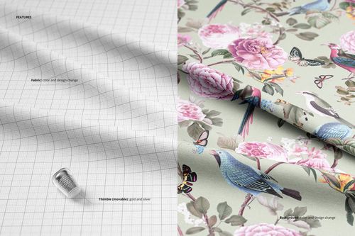 Lying fabric mockup featuring two textile samples side by side, one with a grid pattern and one with floral and bird designs.