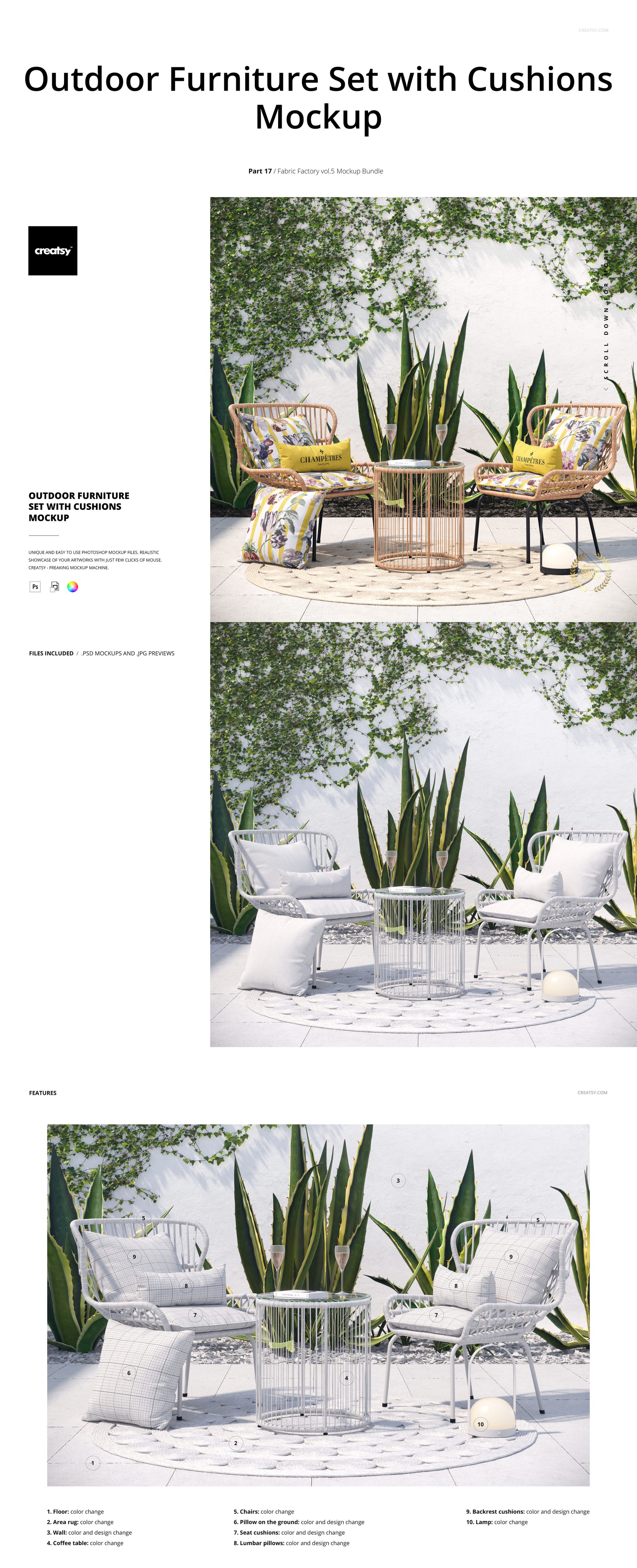Front view of outdoor patio mockup featuring white metal chairs, round table, and decorative cushions on a tiled floor.