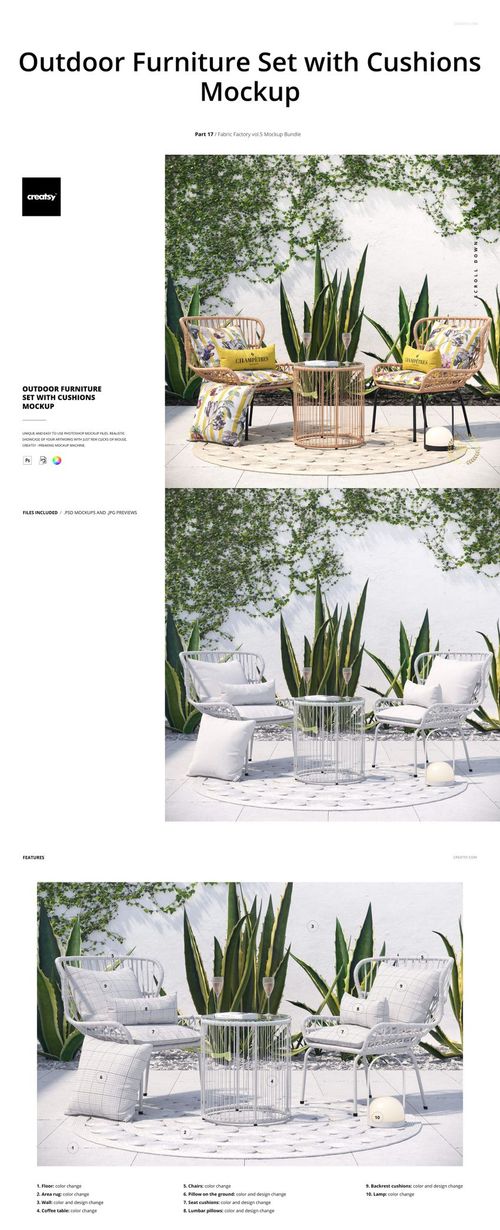 Front view of outdoor patio mockup featuring white metal chairs, round table, and decorative cushions on a tiled floor.