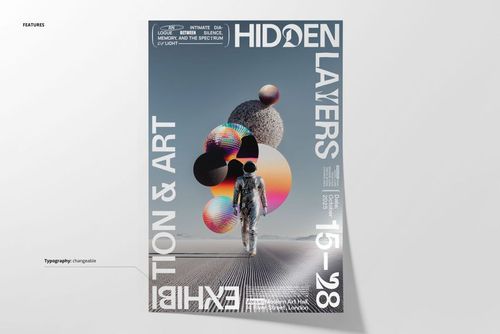 Astral Desert Walk poster mockup showing a lone astronaut on sandy terrain with colorful geometric spheres overhead.