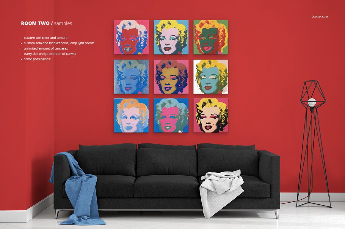 Canvas print mockup featuring a grid of colorful pop art portraits above a dark sofa in a modern room with red walls.
