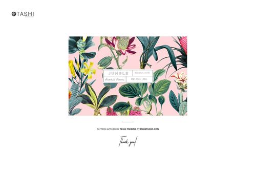 Fabric bolt mockup featuring a botanical pattern with colorful flowers and green leaves on a pink background, front view.