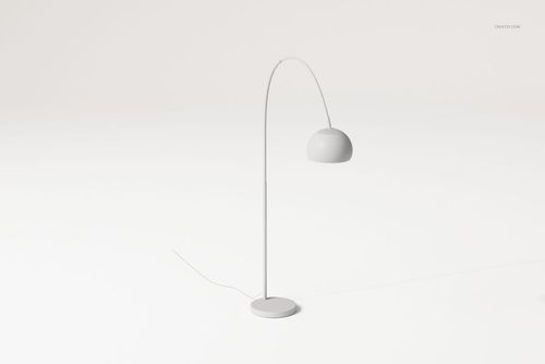 Flexible floor lamp with a curved stem and dome-shaped shade, shown in a minimalist white setting, front view.