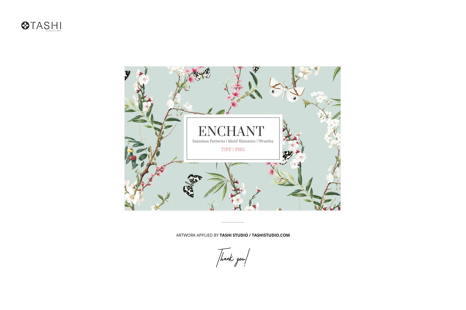 Front view of draped fabric mockup with botanical pattern and thread cards displayed on a light background.