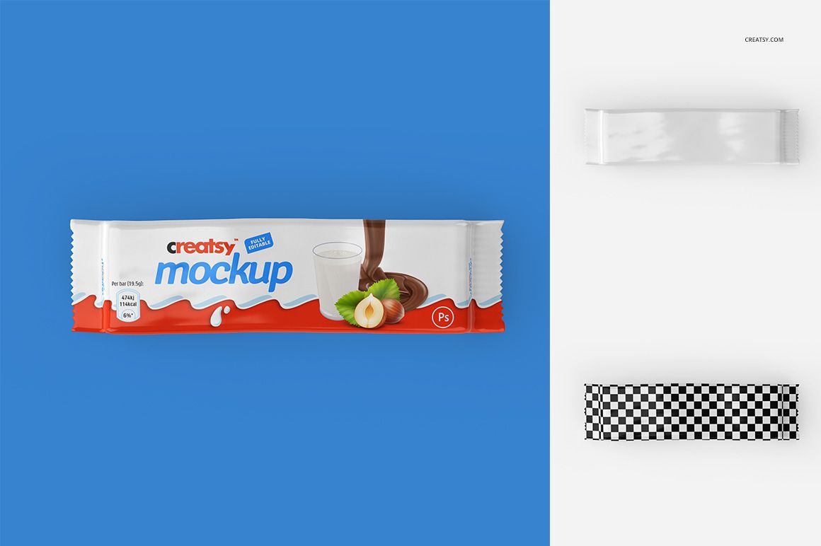 Front view of a bar packaging mockup set featuring a horizontal wrapper with white, red, and blue colors on a blue background.