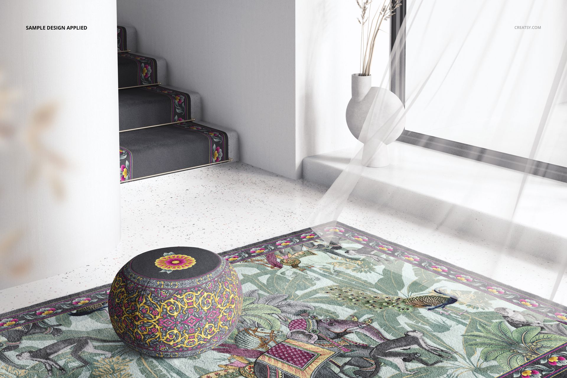 PSD mockup showing a patterned pouf and carpet on a light floor, with decorative stairs and minimalist decor in the background.