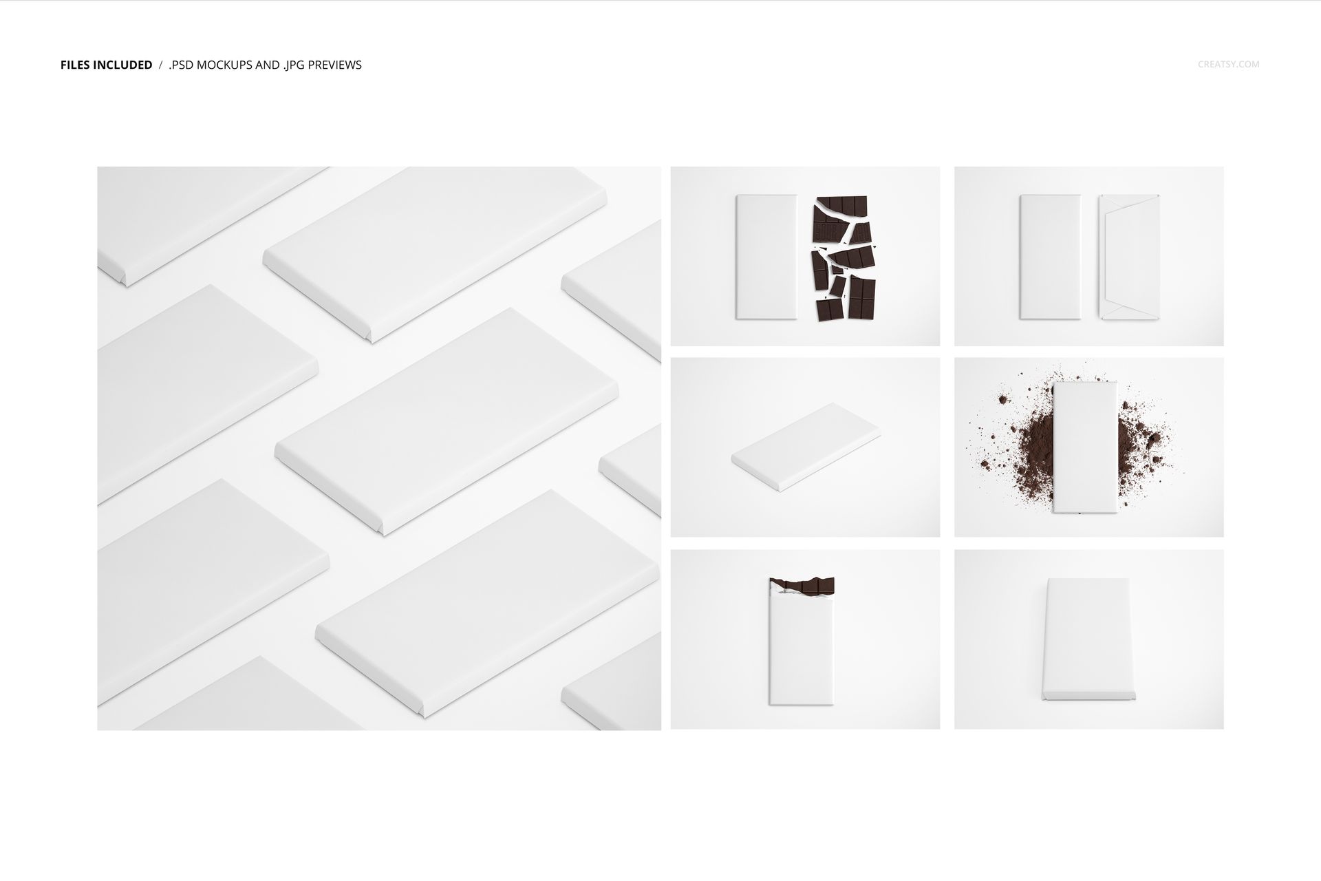Chocolate bar mockup set showing multiple blank rectangular bars on a white background from various angles.