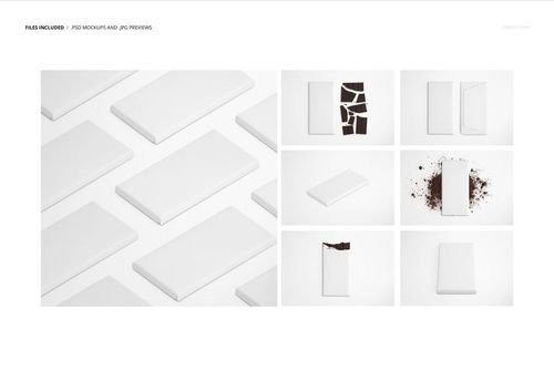 Chocolate bar mockup set showing multiple blank rectangular bars on a white background from various angles.