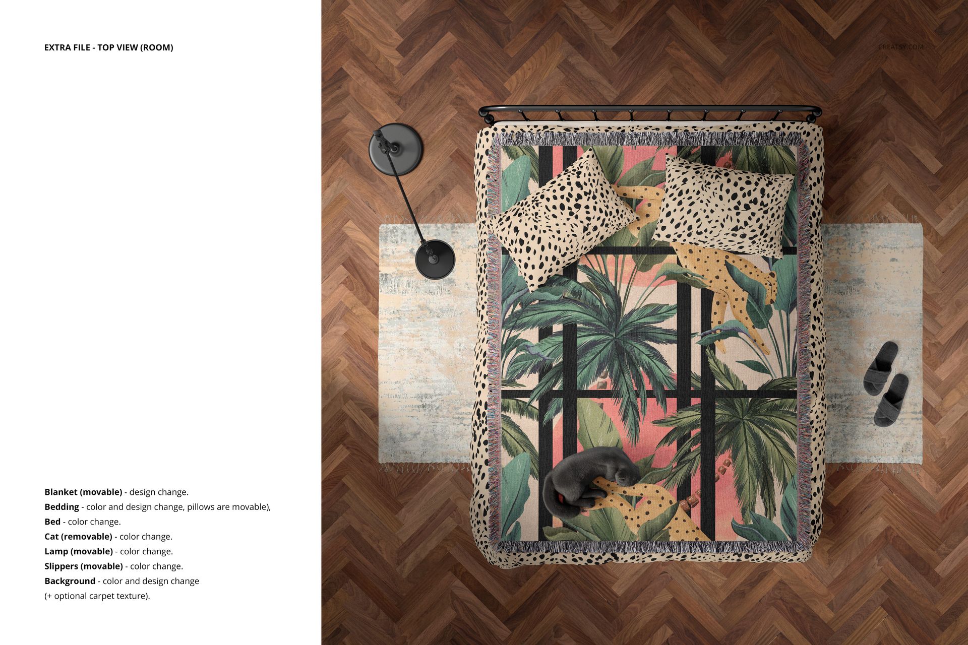PSD mockup showing a bedroom scene from above with a colorful blanket, spotted pillows, lamp, and a cat on the bed.