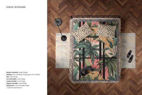 PSD mockup showing a bedroom scene from above with a colorful blanket, spotted pillows, lamp, and a cat on the bed.