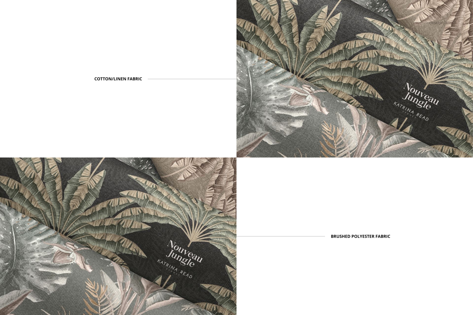 Folded fabric mockup showing three rolls with tropical leaf patterns in muted green, beige, and dark tones, top view.