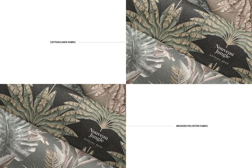 Folded fabric mockup showing three rolls with tropical leaf patterns in muted green, beige, and dark tones, top view.