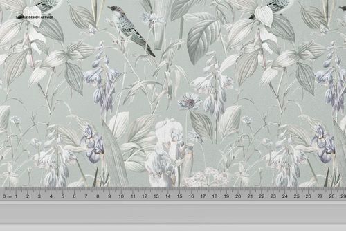 Fabric mockup featuring a botanical pattern with birds and flowers in soft pastel tones, shown from a front view.