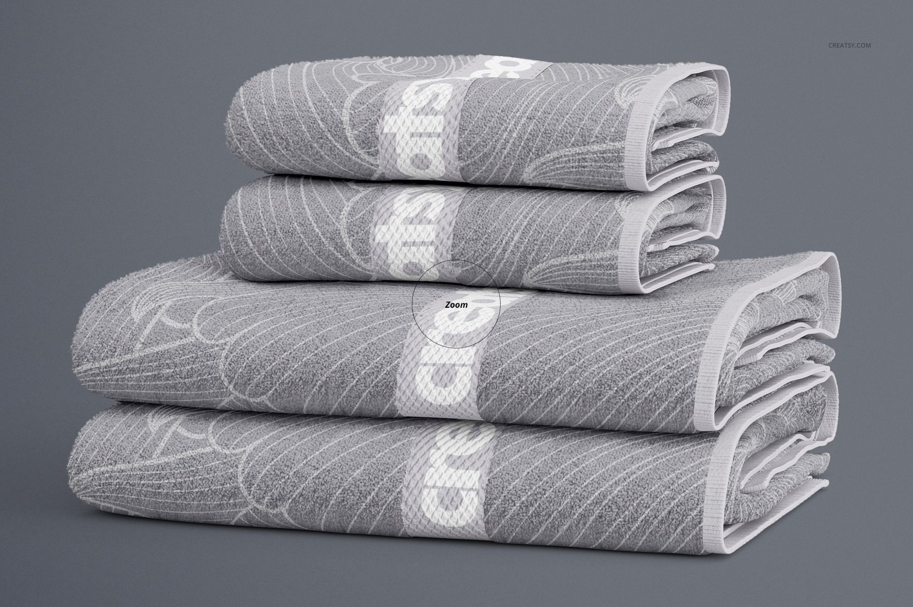Front view of a bath towel mockup set featuring textured gray towels with white decorative elements and clean edges.