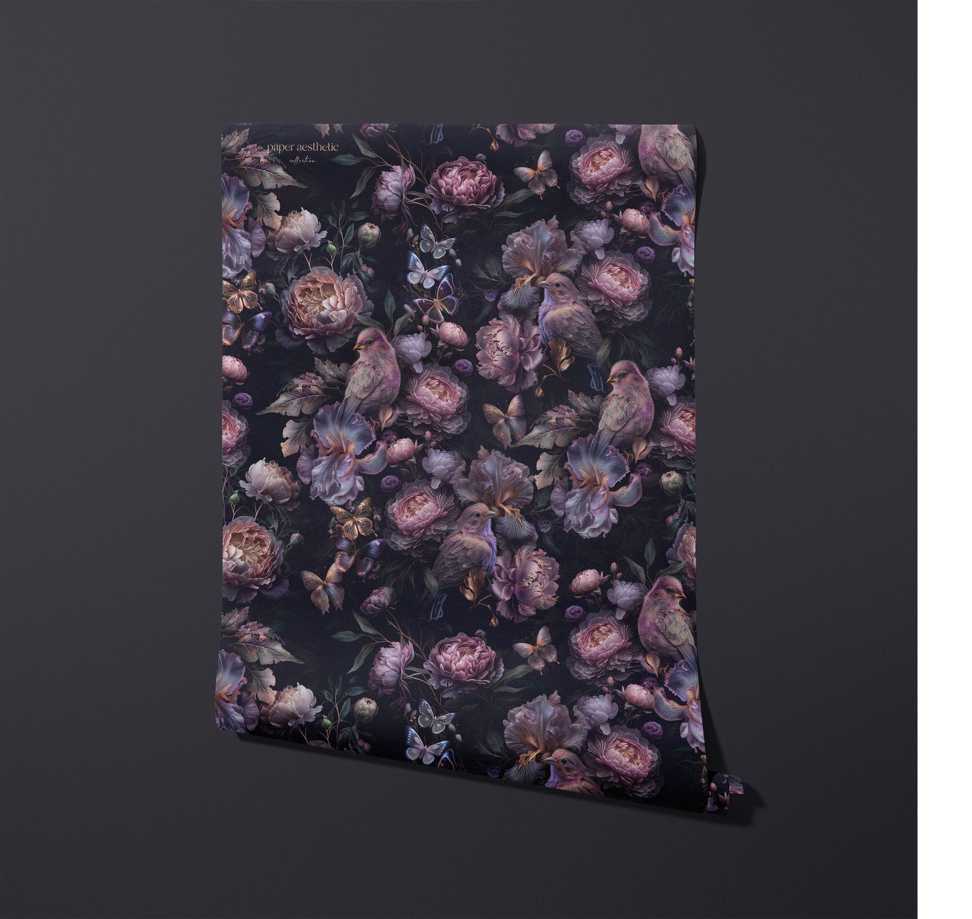 Front view of a non-woven vinyl wallpaper mockup with purple flowers and birds on a black surface.
