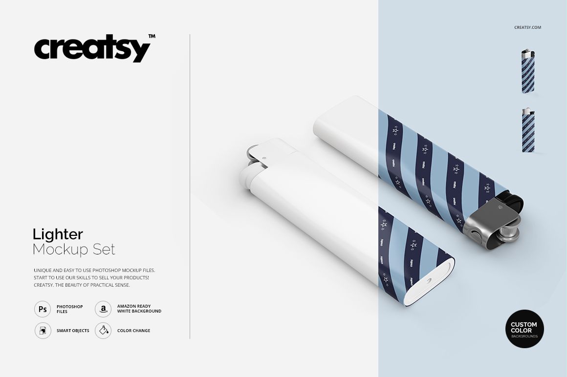 Lighter mockup with one open and one closed lighter, both with a blue and white design, shown from a top angle.