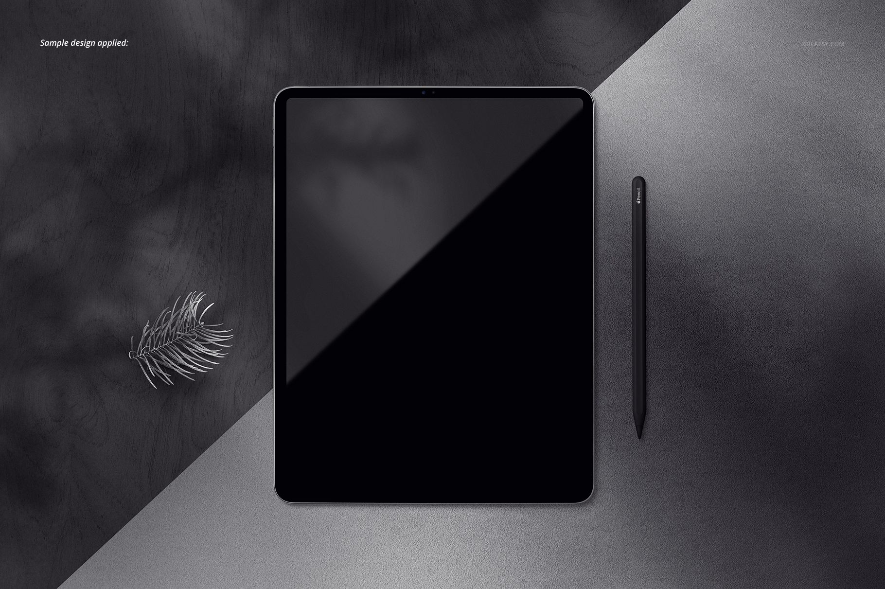 iPad Pro mockup displayed from above on a split gray background with a stylus and a decorative feather nearby.