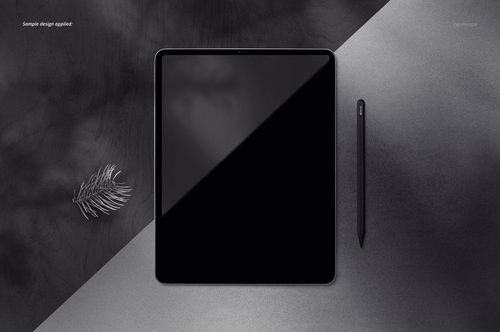 iPad Pro mockup displayed from above on a split gray background with a stylus and a decorative feather nearby.