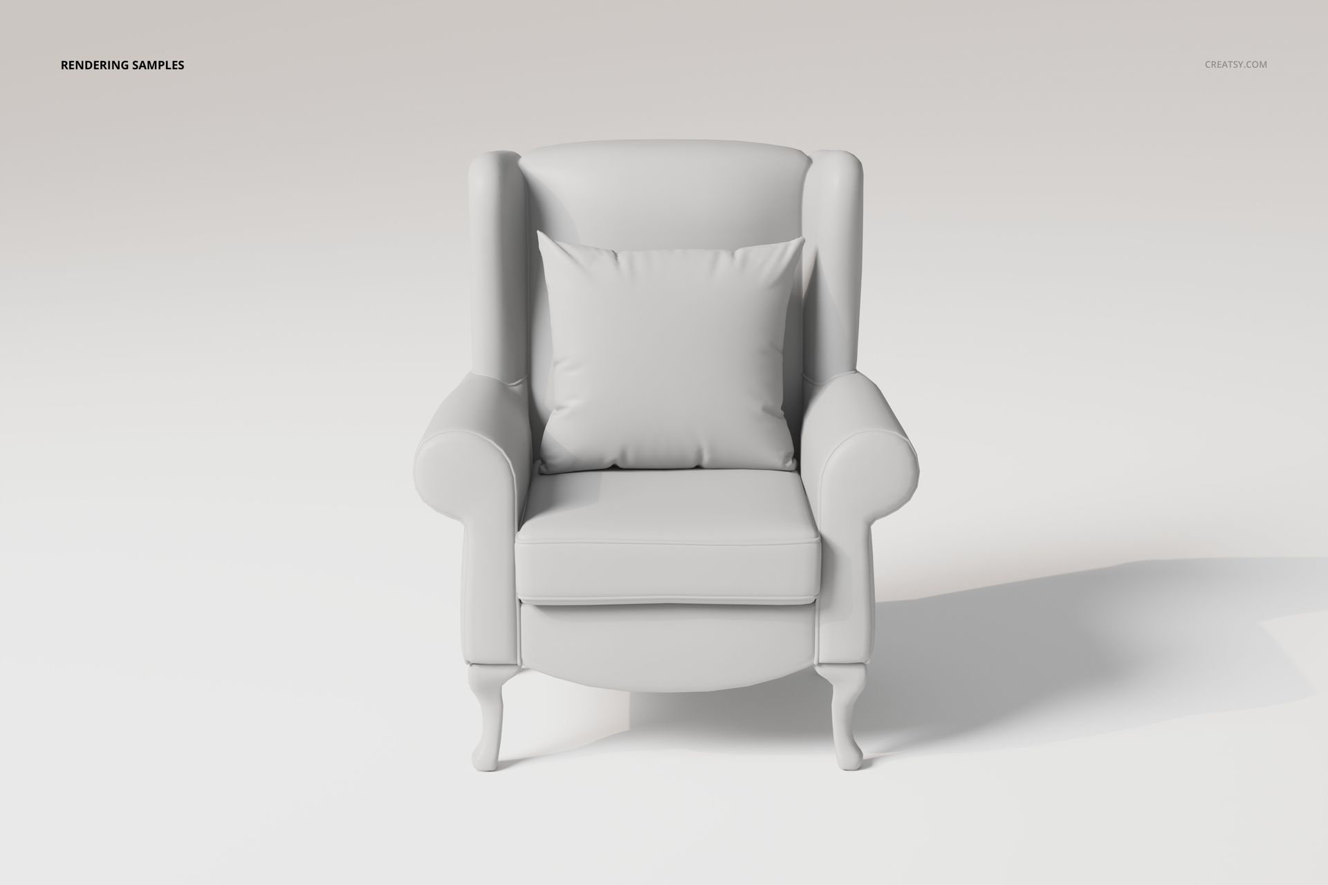 Front view of a rolled arm wing chair 3D model in solid light gray, featuring a matching cushion and curved legs.