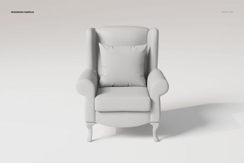 Front view of a rolled arm wing chair 3D model in solid light gray, featuring a matching cushion and curved legs.